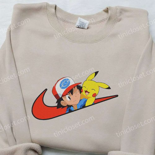 Satoshi & Pikachu x Nike Swoosh Anime Hoodie Pokemon & Nike Inspired Embroidered Shirt