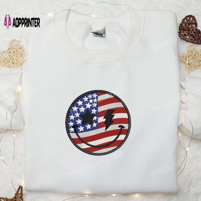 Smile Icon x America Flag Stitch Embroidered Shirt – Independence Day & National Day Gifts