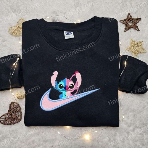 Stitch Angel Couple Love x Nike Swoosh Cartoon Embroidered Shirt – Perfect Lilo and Stitch Gift for Family