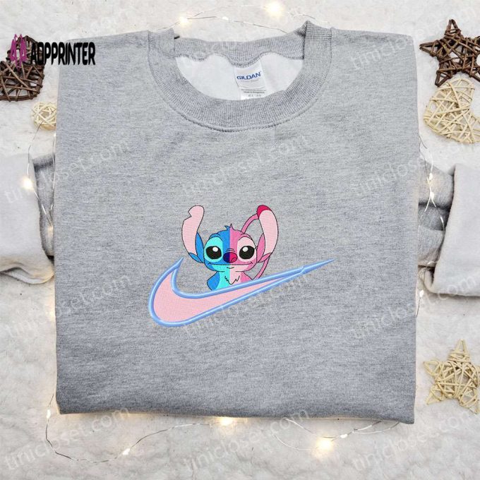 Stitch Angel Couple Love x Nike Swoosh Cartoon Embroidered Shirt – Perfect Lilo and Stitch Gift for Family