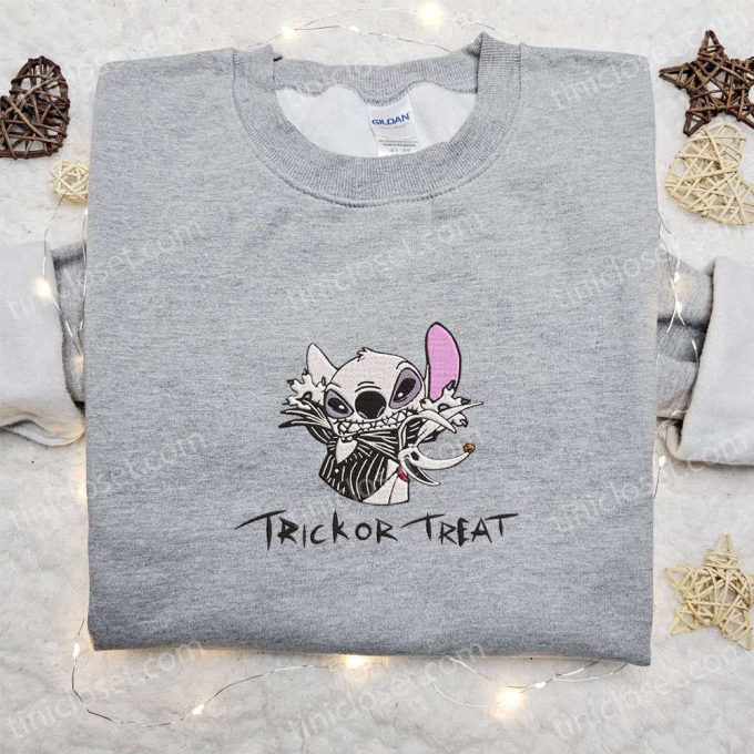 Spooky Style: Stitch Jack Skellington Embroidered Sweatshirt Disney Halloween Hoodie & Shirt