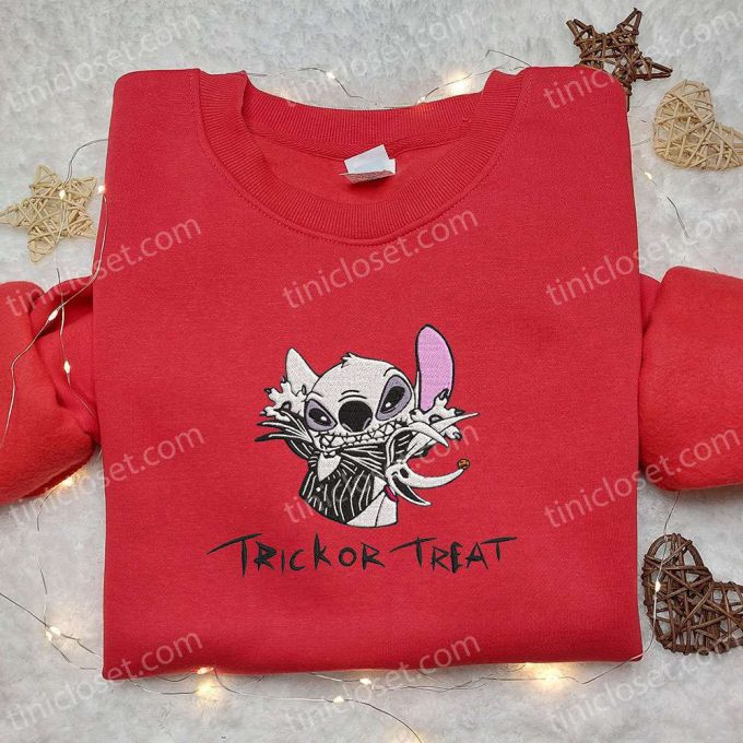 Spooky Style: Stitch Jack Skellington Embroidered Sweatshirt Disney Halloween Hoodie & Shirt