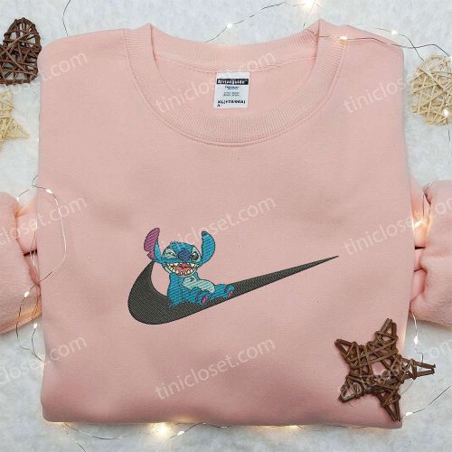 Stitch Laughing x Nike Swoosh Sweatshirt Lilo and Stitch Cartoon Embroidered Shirt Nike Inspired