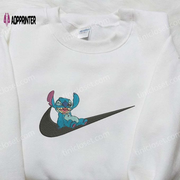 Stitch Laughing x Nike Swoosh Sweatshirt Lilo and Stitch Cartoon Embroidered Shirt Nike Inspired