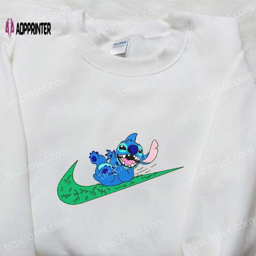 Stitch x Nike Swoosh Cartoon Embroidered Tshirt – Best Nike Inspired Gift for Family