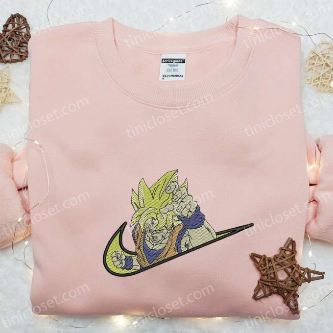 Swoosh x Goku Super Saiyan Anime Hoodie – Dragon Ball Embroidered Shirt for Cool Anime Clothing