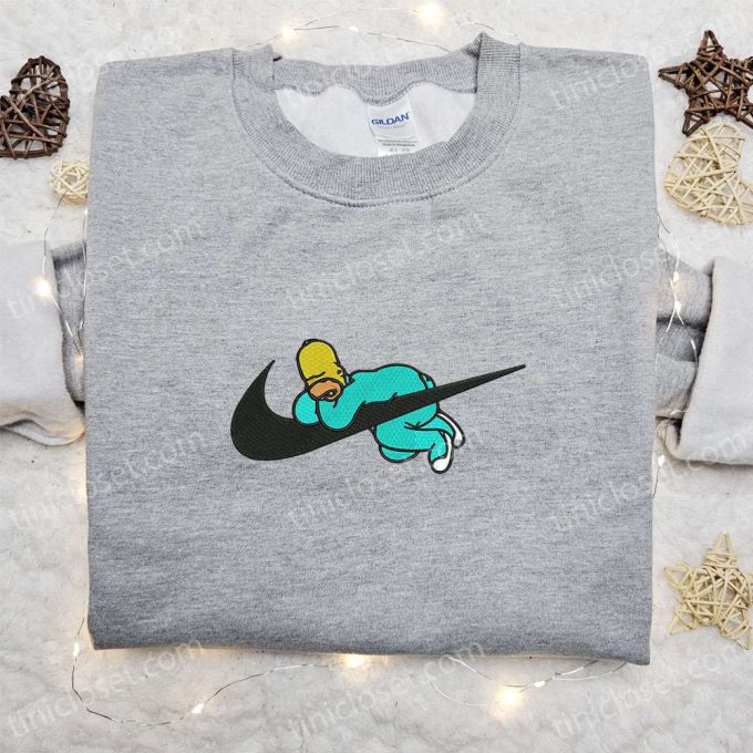 Swoosh x Homer Sleeping Cartoon Embroidered Sweatshirt: Nike Inspired Shirt Perfect Birthday Gift