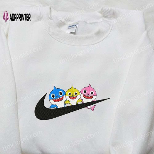 Nike Inspired Baby Sharks Embroidered Shirt – Perfect Birthday Gift with Cartoon Swoosh Design