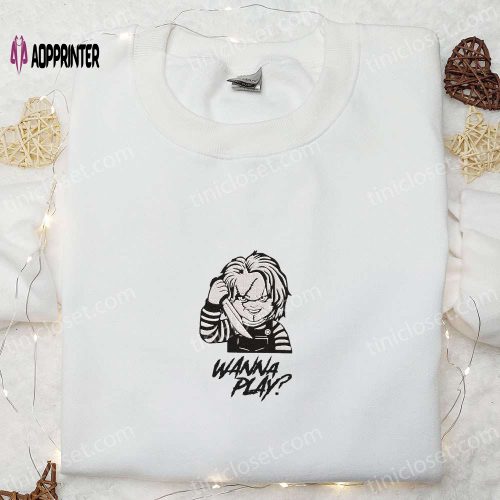 Wanna Play Chucky Embroidered Shirt: Scary Halloween Gift for Family