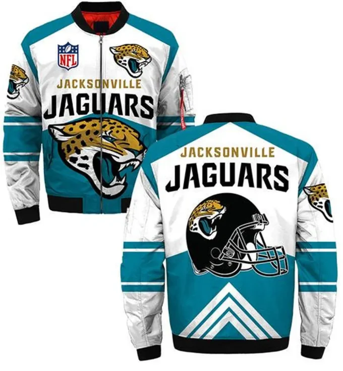 Jacksonville Jaguars Logo Helmet Pattern Bomber Jacket – White Teal