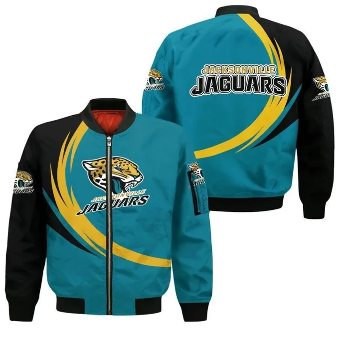 Jacksonville Jaguars Logo Curve Pattern Bomber Jacket – Black Teal