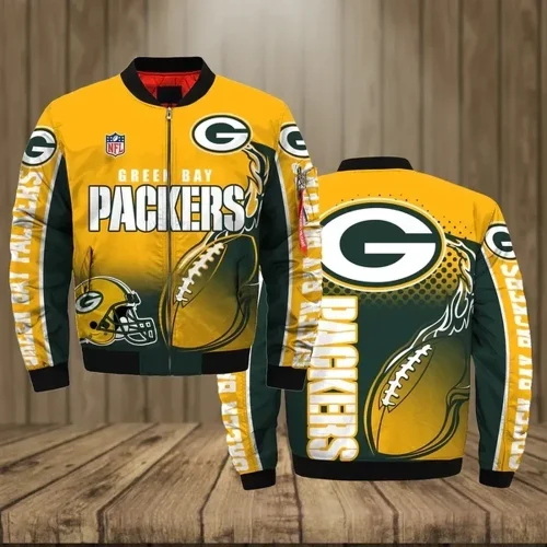 Green Bay Packers Logo Pattern Bomber Jacket – Dark Green And Yellow