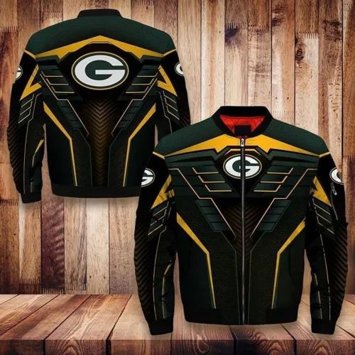 Green Bay Packers Logo Pattern Bomber Jacket – Dark Green And Yellow