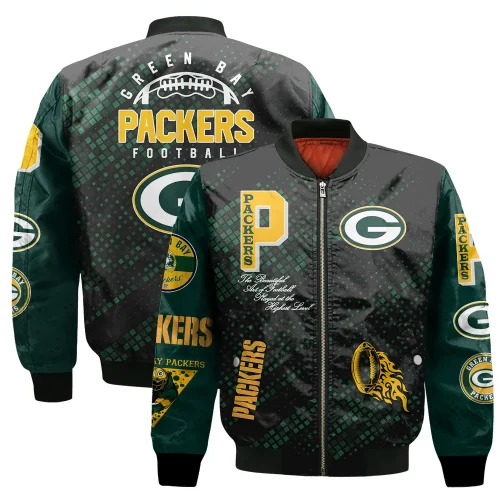 Green Bay Packers Logo Text Pattern Bomber Jacket – Green White