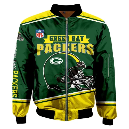 Green Bay Packers Logo Text Pattern Bomber Jacket – Green White