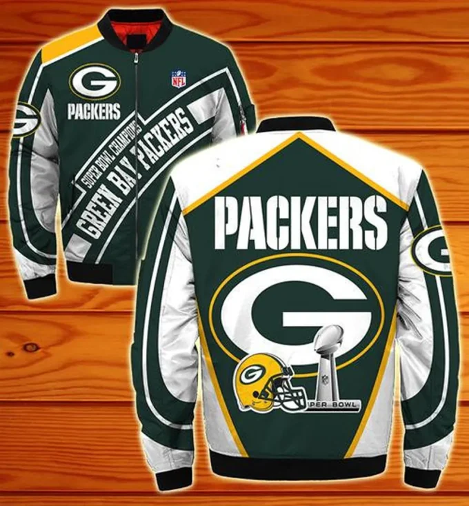 Green Bay Packers Logo Text Pattern Bomber Jacket – Green White