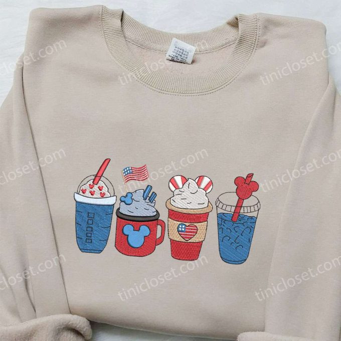 America Coffee Cups Embroidered Shirt – Best Patriotic Shirts for National Day Gifts