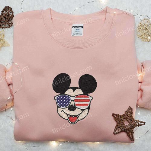 America Mickey Mouse Embroidered Shirt: Disney Patriotic Shirts with Glasses Design