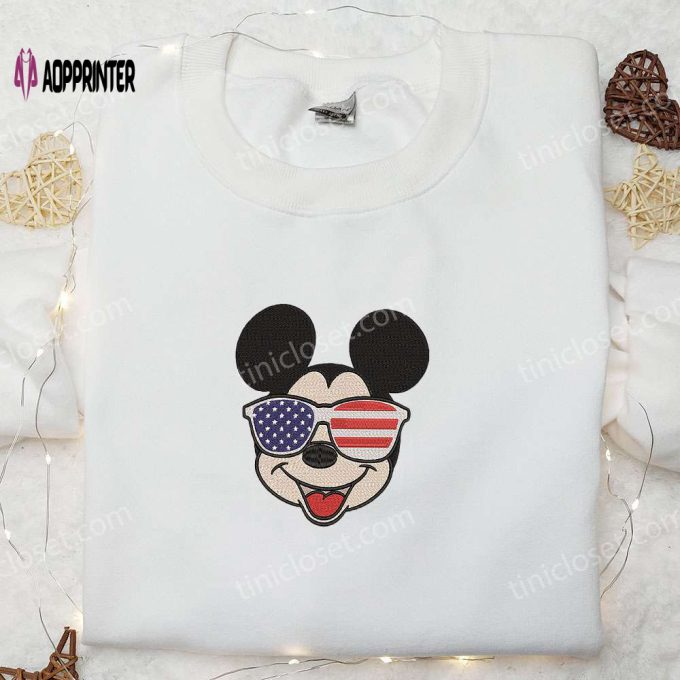 America Mickey Mouse Embroidered Shirt: Disney Patriotic Shirts with Glasses Design