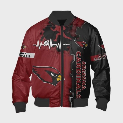 Arizona Cardinals Graphic Heart ECG Line Pattern Bomber Jacket – Black Red