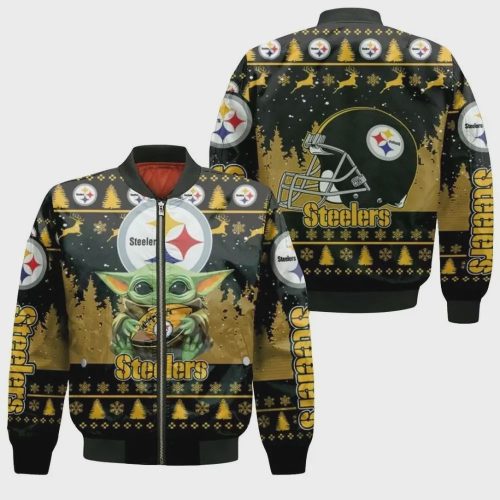 Baby Yoda Hugs Pittsburgh Steelers Rugby Ball Logo Bomber Jacket – Black And Yellow