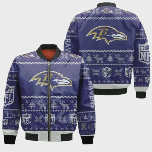 Baltimore Ravens Christmas Pattern Bomber Jacket – Navy Blue