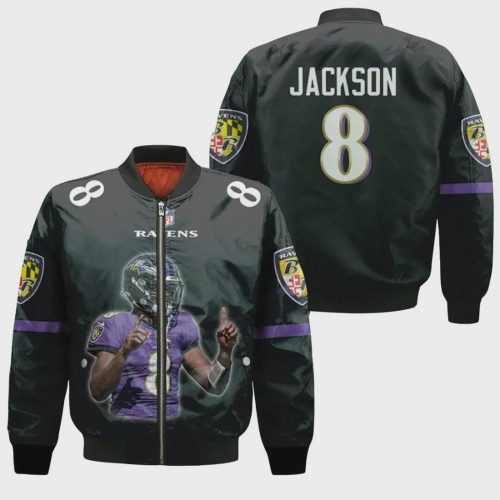 Baltimore Ravens Lamar Jackson Pattern Bomber Jacket – Black