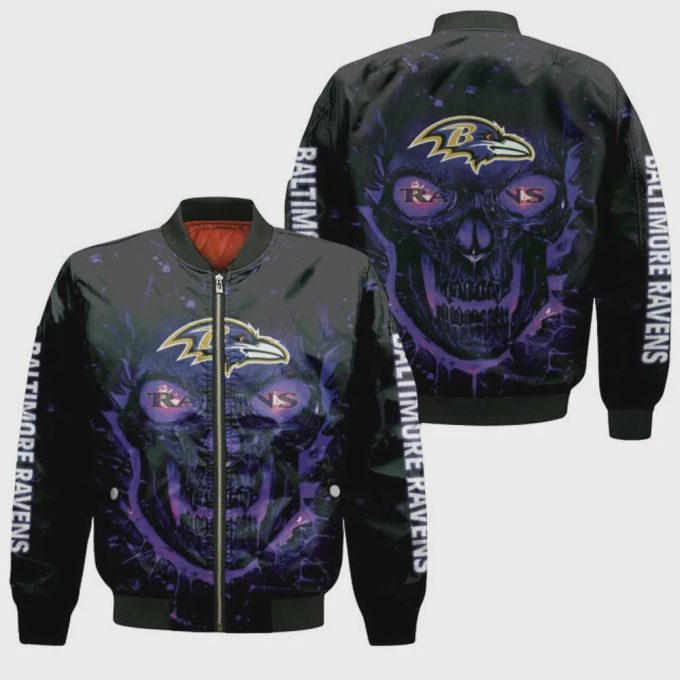 Baltimore Ravens Skull Pattern Bomber Jacket – Black And Purple