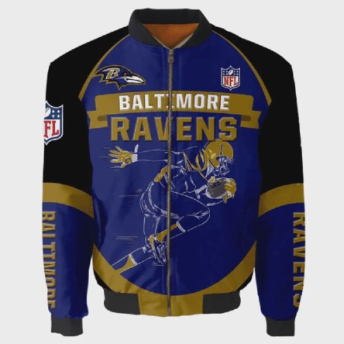 Baltimore Ravens Team Logo Pattern Bomber Jacket – Blue And Black