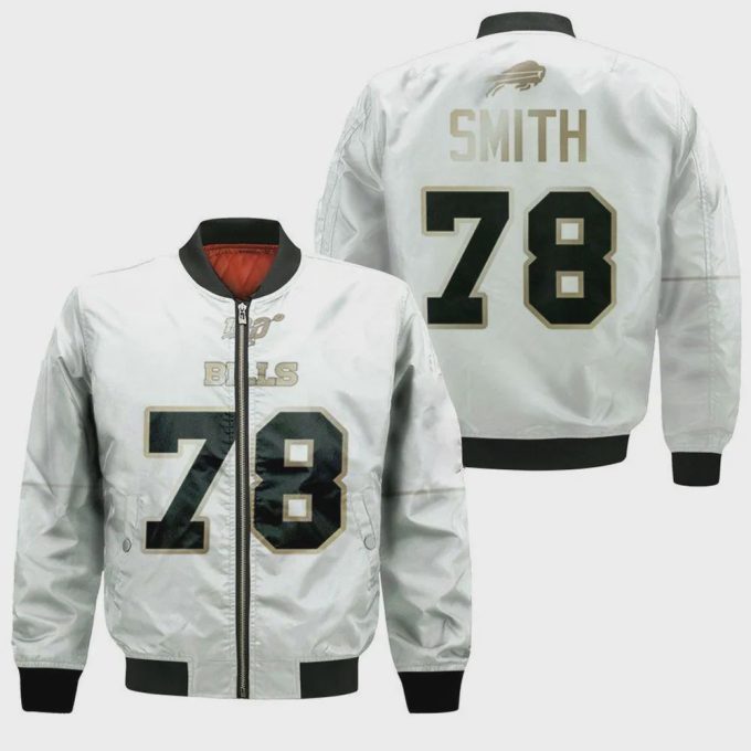 Buffalo Bills Bruce Smith Pattern Bomber Jacket – White