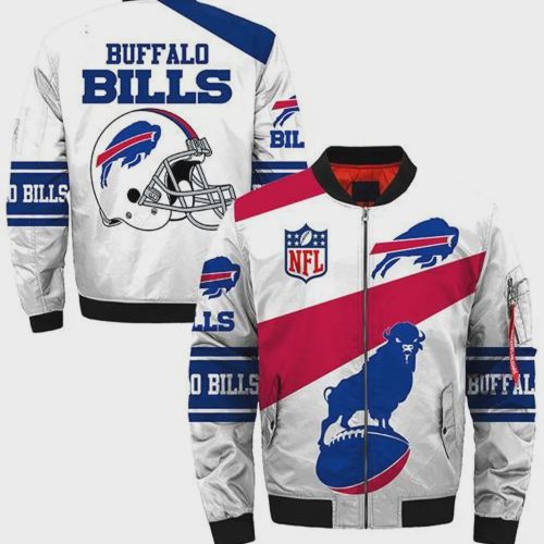 Buffalo Bills Buffalo With Ball And Helmet Logo Pattern Bomber Jacket – Blue White