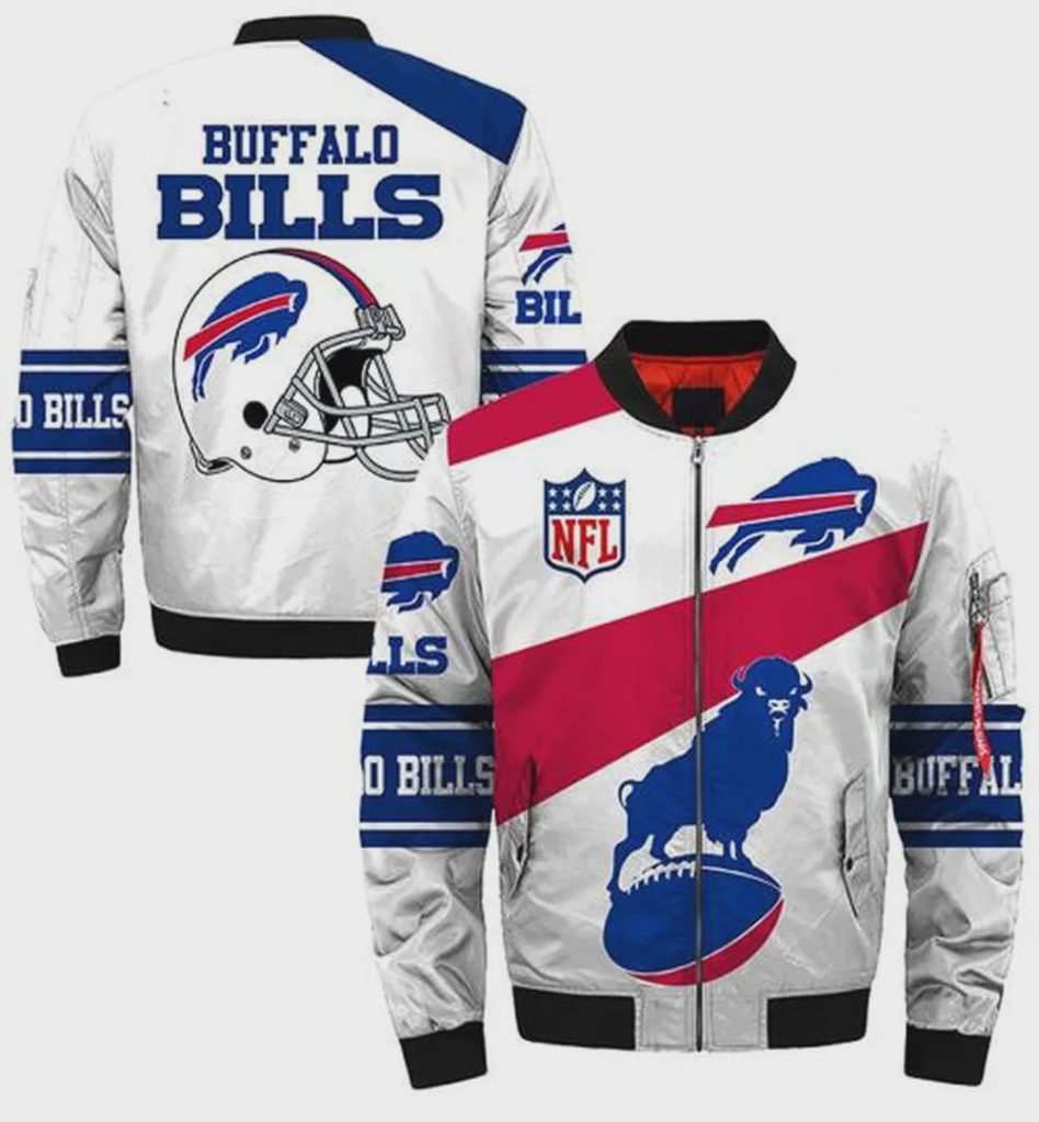 Buffalo Bills Buffalo With Ball And Helmet Logo Pattern Bomber Jacket – Blue White