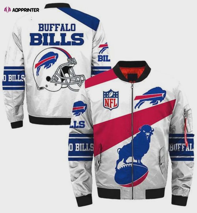 Buffalo Bills Buffalo With Ball And Helmet Logo Pattern Bomber Jacket – Blue White