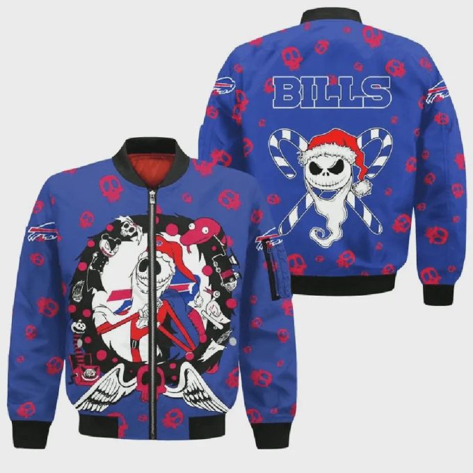 Buffalo Bills Jack Skellington Pattern Bomber Jacket- Navy