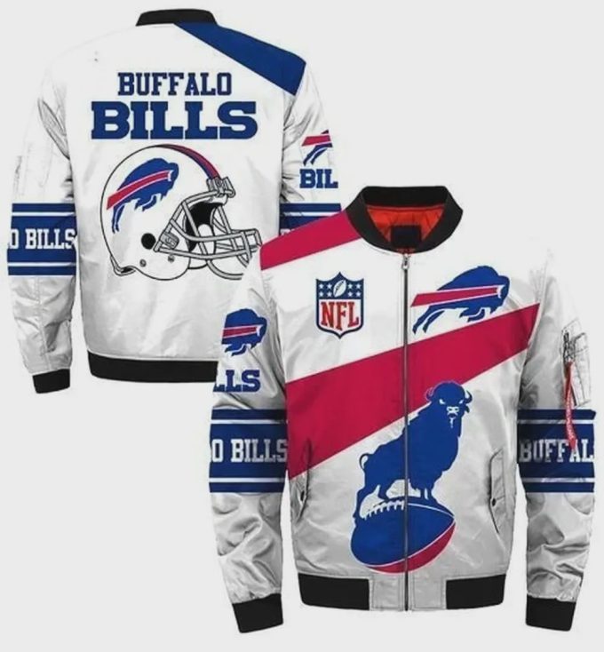 Buffalo Bills Logo Pattern Bomber Jacket – White