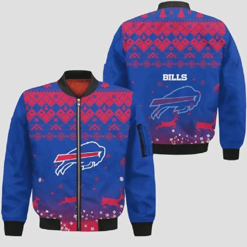 Buffalo Bills Logo With Xmas Vibe Pattern Bomber Jacket- BlueRed