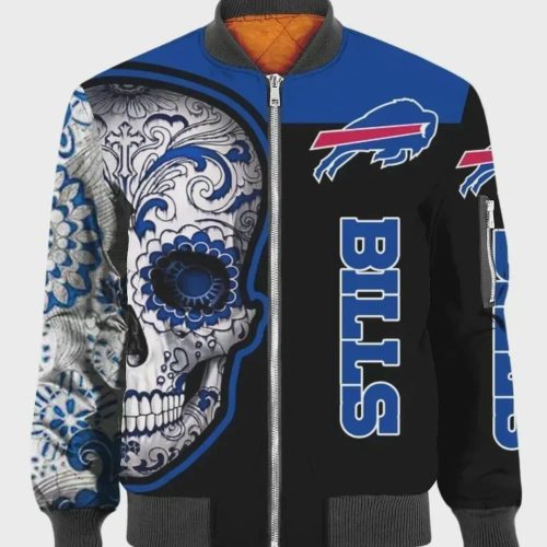 Buffalo Bills Skull Logo Pattern Bomber Jacket – Blue And Black