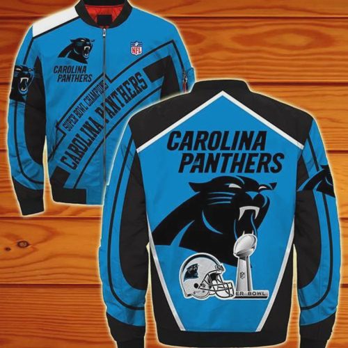 Carolina Panthers Big Logo And Text Pattern Bomber Jacket – Blue Black