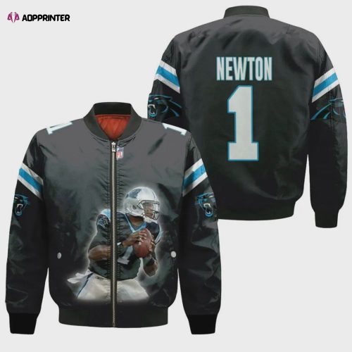 Carolina Panthers Helmet And Text Pattern Bomber Jacket – Black Blue