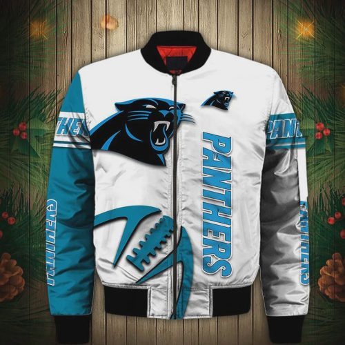 Carolina Panthers Graphic Ball Logo Pattern Bomber Jacket – White And Blue