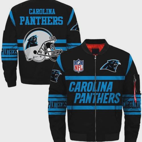 Carolina Panthers Helmet And Text Pattern Bomber Jacket – Black Blue