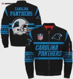 Carolina Panthers Helmet And Text Pattern Bomber Jacket – Black Blue