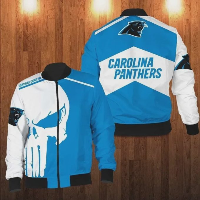 Carolina Panthers Punisher Skull Pattern Bomber Jacket – Blue And White