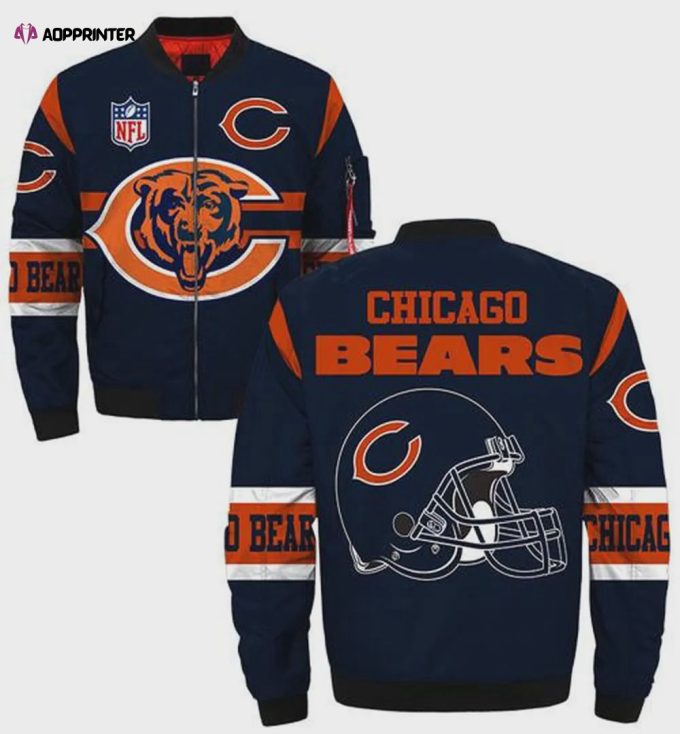 Chicago Bears Logo And Helmet Pattern Bomber Jacket – Blue Orange