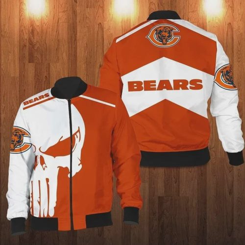 Chicago Bears Punisher Skull Pattern Bomber Jacket – Orange And White