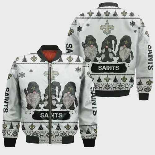 Christmas Gnomes New Orleans Saints Ugly Pattern Bomber Jacket – White