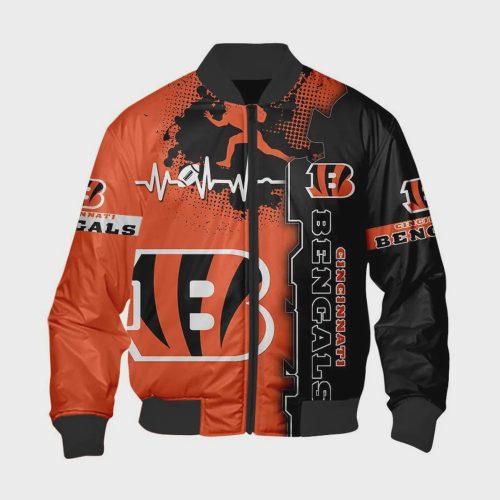 Cincinnati Bengals Heart ECG Line Pattern Bomber Jacket – Orange Black