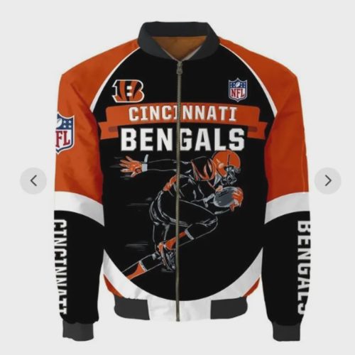 Cincinnati Bengals Players Running Pattern Bomber Jacket – Black And Orange