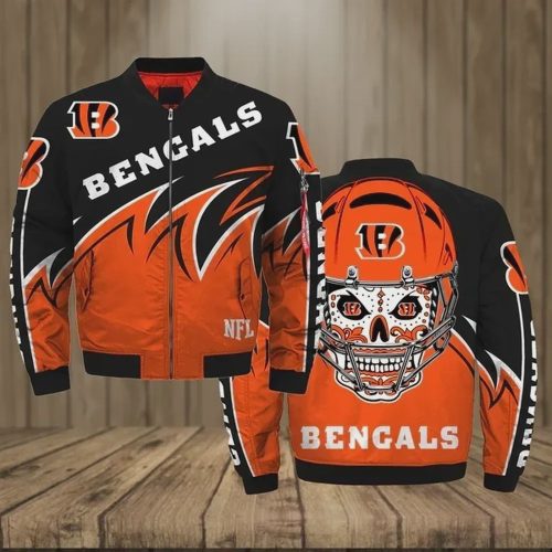 Cincinnati Bengals With Skull Pattern Bomber Jacket – Black And Orange