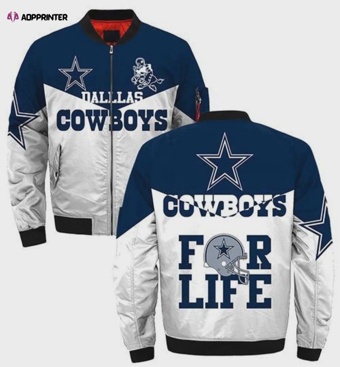 Dallas Cowboys For Life Logo Pattern Bomber Jacket – Blue White